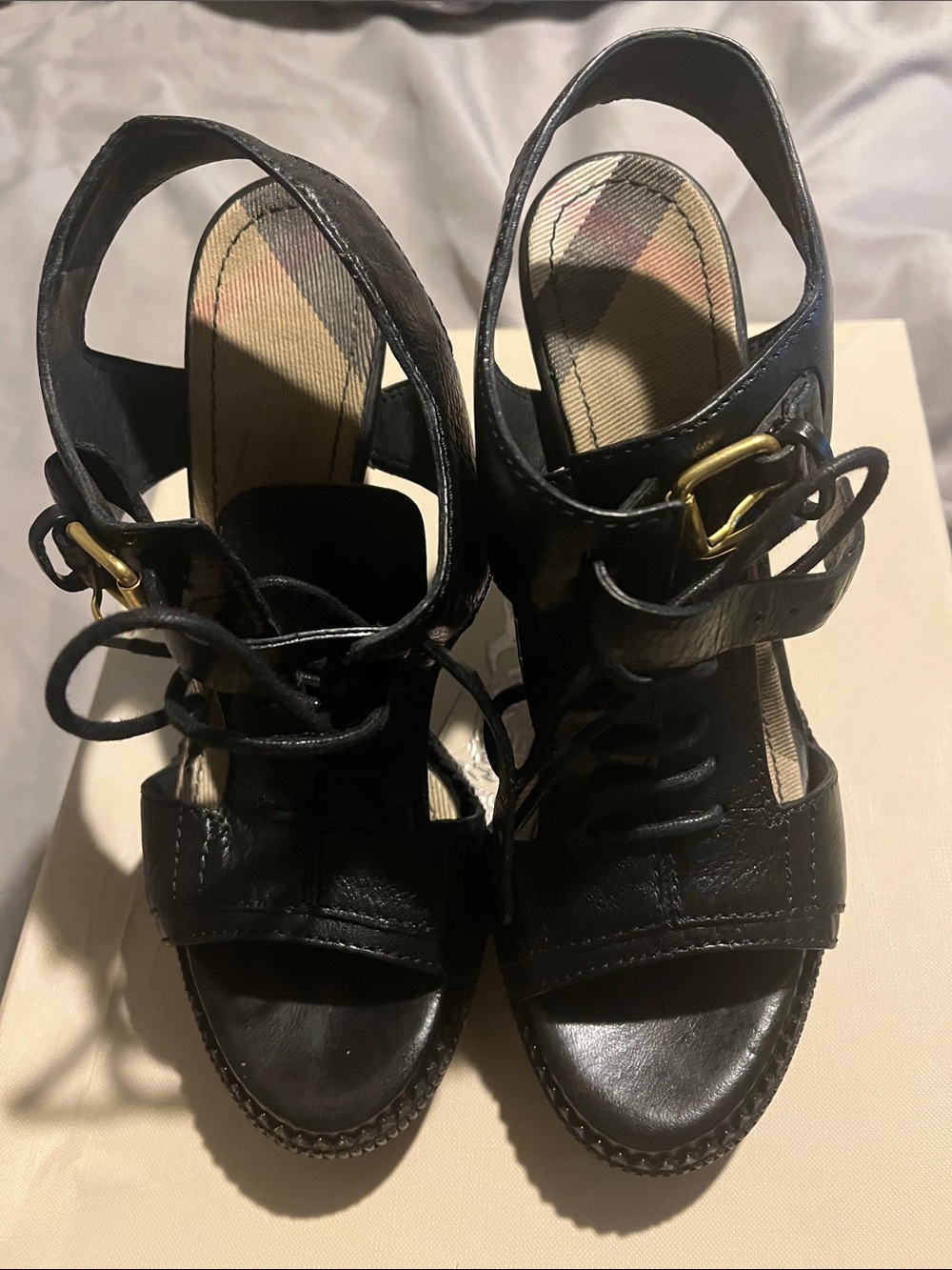 Burberry Black Leather Lace-Up Heeled Sandals with Gold Buckle Accent